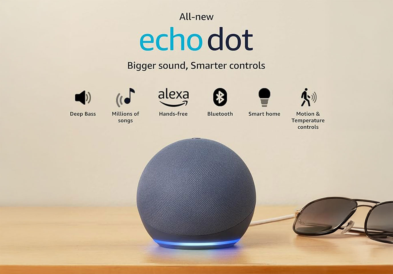 Amazon Echo Dot (5th Gen) | Smart speaker with vibrant sound, Motion Detection, Temperature Sensor, Alexa and Bluetooth| Blue