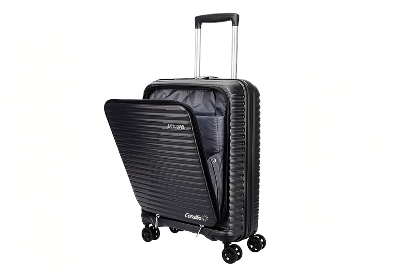 American Tourister Cabin Liftoff+ Luggage with Laptop Compartment & USB Port, Polypropylene PP 55 cm Small Size with 8 Wheels & TSA Lock for Travel/Trolley Bag for Travel for Men & Women – Black